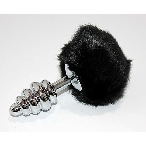 Bunny Tail Silver Ribbed Butt Plug by BDStyle - Realistic Dildos