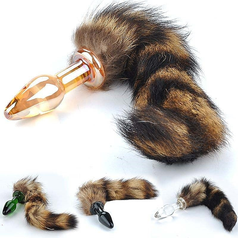 Brown Faux Fox Tail Smooth Glass Butt Plug - Steel Sex Toys