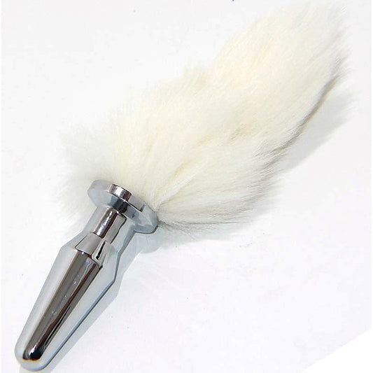 White Kitten Tail Silver Long Butt Plug - Rabbit Vibrators