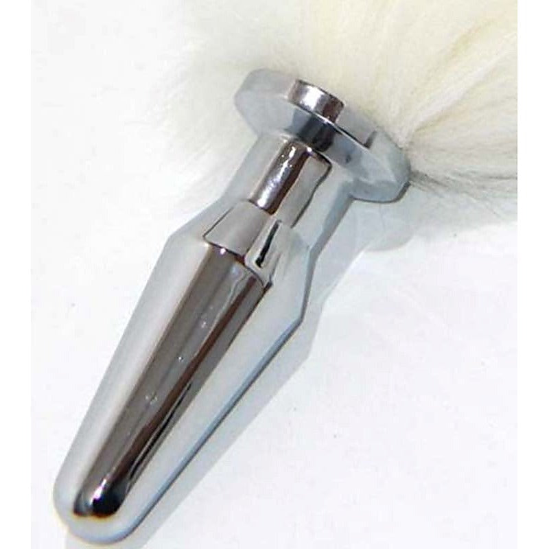 White Kitten Tail Silver Long Butt Plug - Rabbit Vibrators
