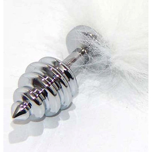 White Kitten Tail Silver Ribbed Butt Plug