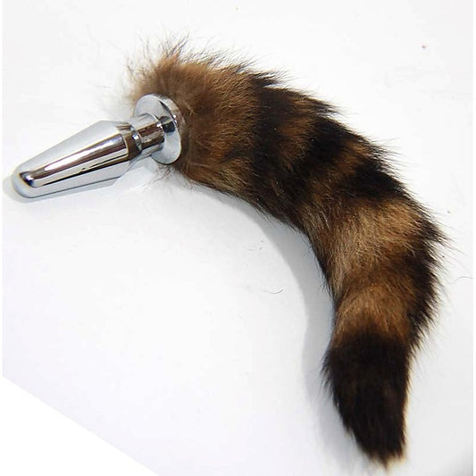 Brown Faux Fox Tail Silver Long Butt Plug - Steel Sex Toys