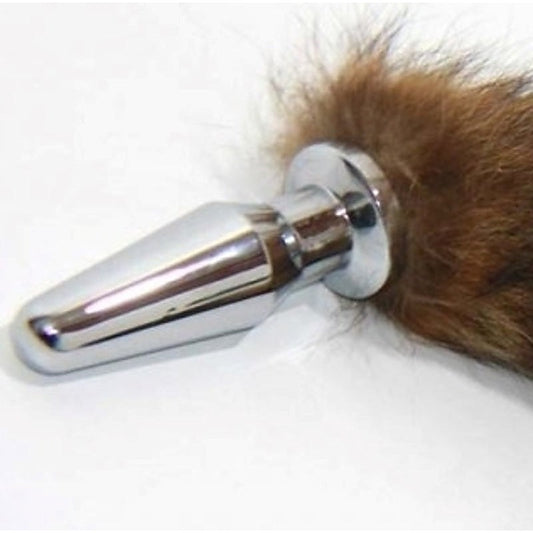 Brown Faux Fox Tail Silver Long Butt Plug - Steel Sex Toys