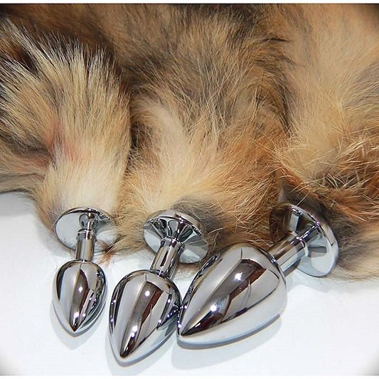 Long Brown and Blonde Fox Tail Silver Smooth Butt Plug - Steel Sex Toys