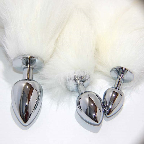 White Faux Fox Tail Smooth Silver Butt Plug by BDStyle - Steel Sex Toys