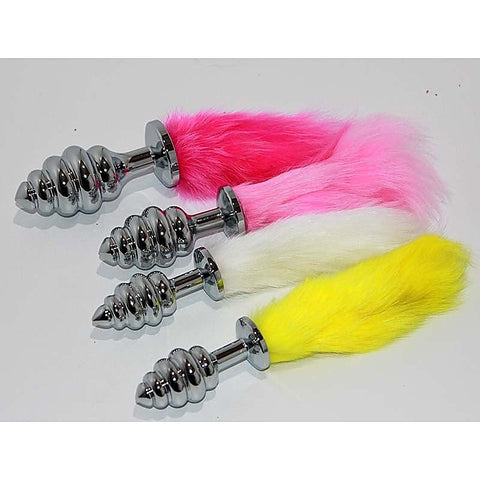 Faux Rabbit Tail Ribbed Butt Plug Silver Small - Steel Sex Toys