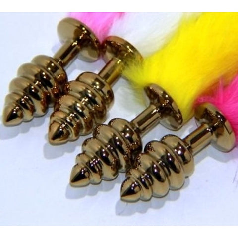 Faux Rabbit Tail Ribbed Butt Plug Gold Medium - Steel Sex Toys