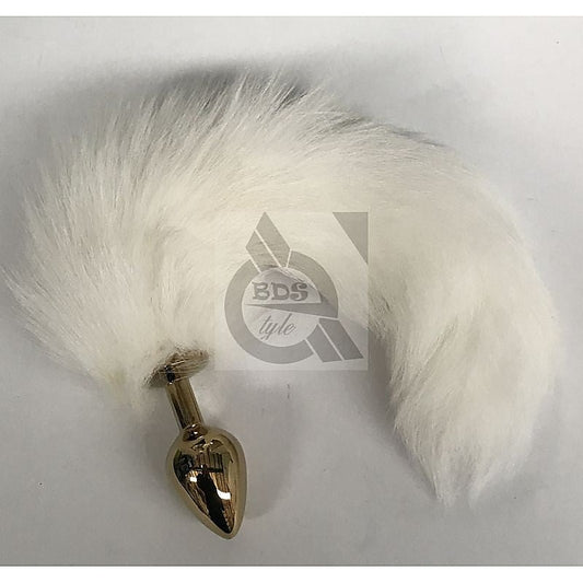 White Faux Fox Tail Steel Anal Plug Gold