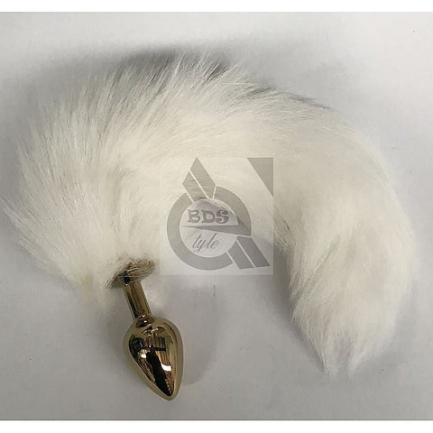White Faux Fox Tail Steel Anal Plug Gold by BDStyle - Steel Sex Toys