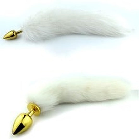 White Faux Fox Tail Steel Anal Plug Gold