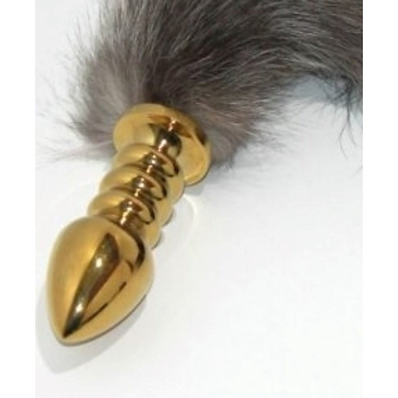 Faux Fox Tail Ribbed Gold Butt Plug Large - Steel Sex Toys