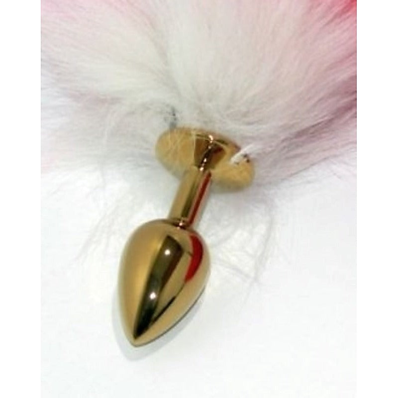 Red Faux Fox Tail Gold Butt Plug - Steel Sex Toys