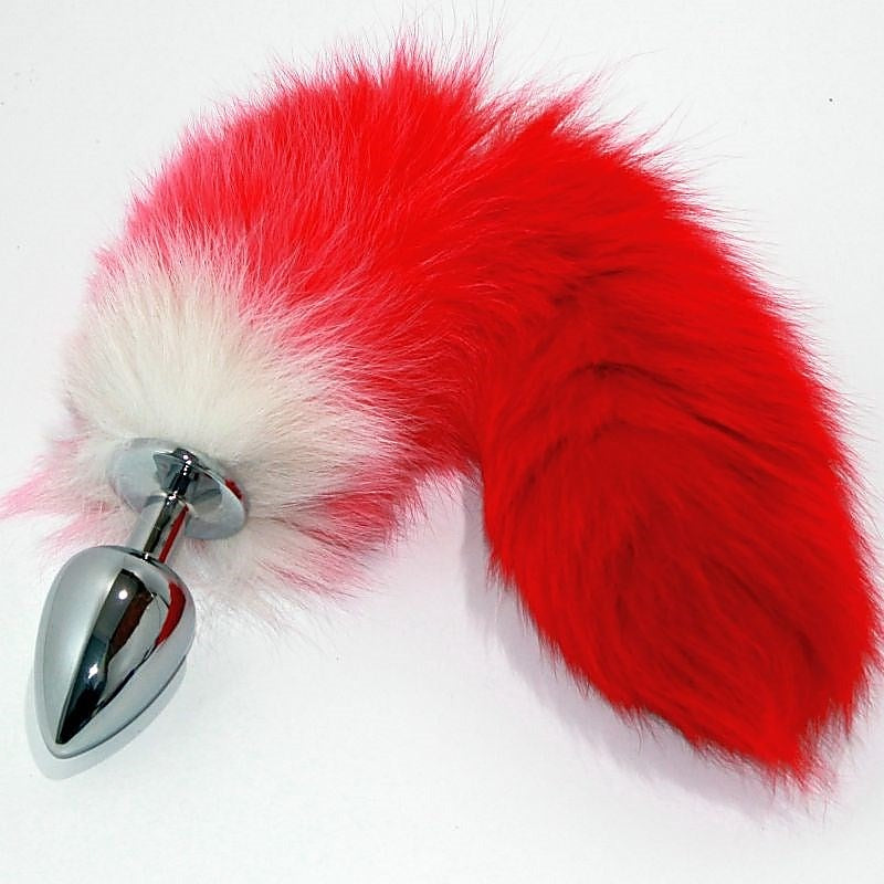 Red Faux Fox Tail Silver Butt Plug by BDStyle - Steel Sex Toys