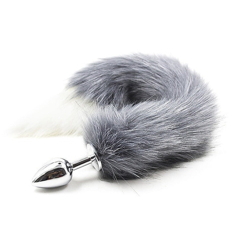 Gray & White Faux Fox Tail & Metal Butt Plug - Steel Sex Toys