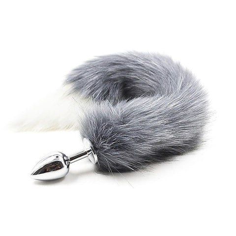 Gray & White Faux Fox Tail & Metal Butt Plug - Steel Sex Toys