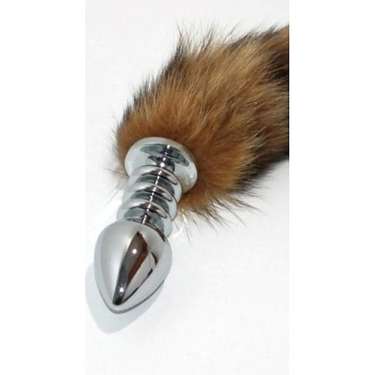 Brown Faux Fox Tail Ribbed Silver Butt Plug - Steel Sex Toys
