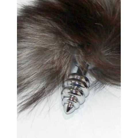 Faux Fox Tail Ribbed Silver Butt Plug - Steel Sex Toys