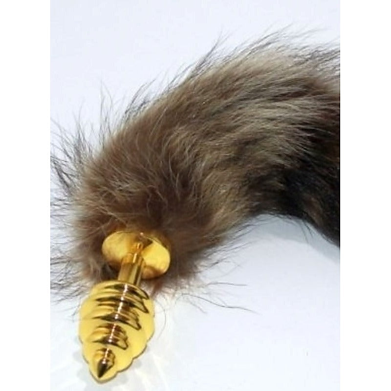 Brown Faux Fox Tail Gold Ribbed Butt Plug by BDStyle - Steel Sex Toys