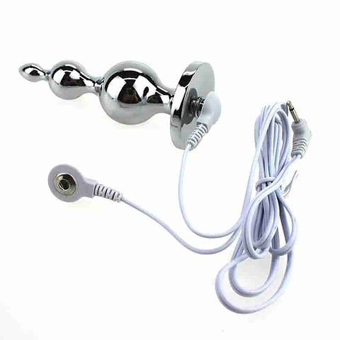 Electric Shock Metal Anal Plug with Harness - Electro Sex