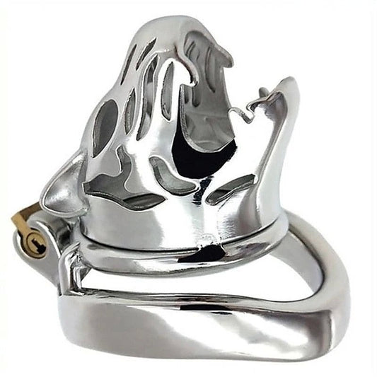 Tiger Head Bend Ring Steel Cock Cage - Male Chastity