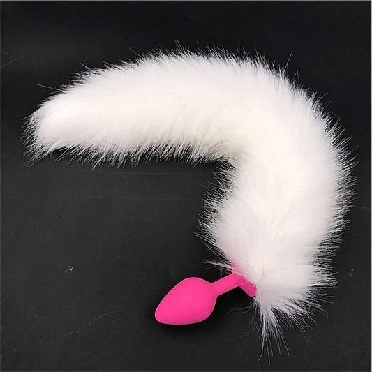 White Faux Fox Tail with Pink Silicone Butt Plug