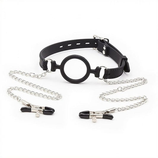 Silicone O Ring Gag With Nipple Clamp - Bondage Gags and Bits