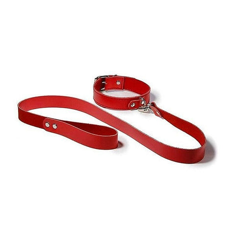 Bedroom Bondage Collar Adjustable Red Leather with Lead - Collars and Leads
