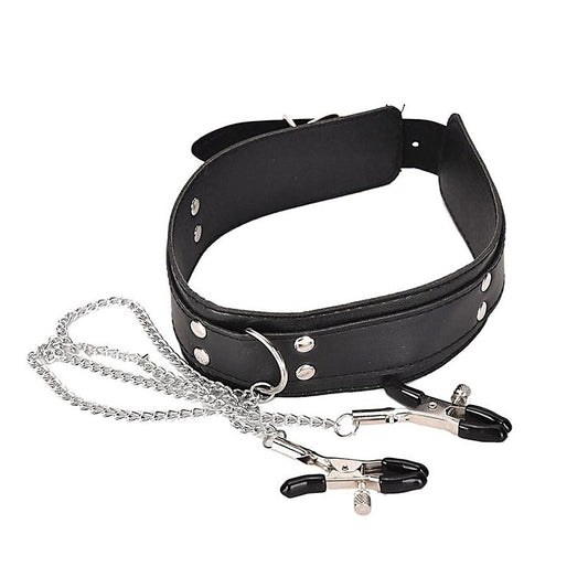 KinkyKandi Bondage Collar Black with Nipple Clamps