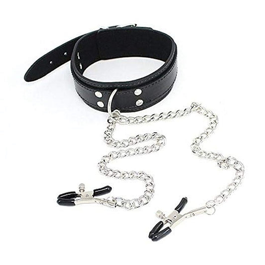 KinkyKandi Bondage Collar Black with Nipple Clamps