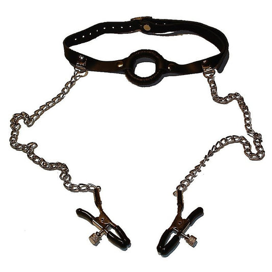 O-Ring Gag with Nipple Clamps Light - Bondage Gags and Bits