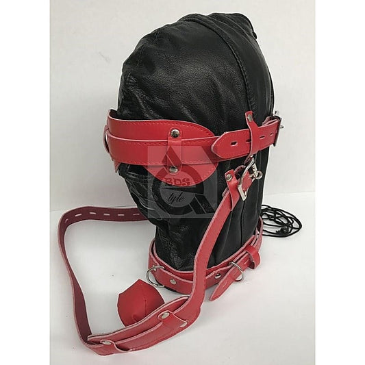 Hell Fire Slave Hood & Blindfold Faux Leather Black & Red