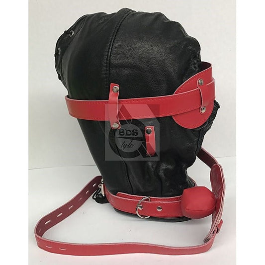 Hell Fire Slave Hood & Blindfold Faux Leather Black & Red