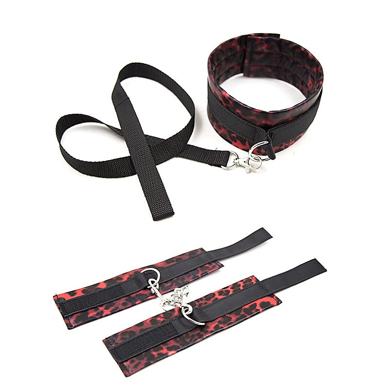 Red Leopard Cuffs and Collar with Leash by BDStyle - Collars and Leads