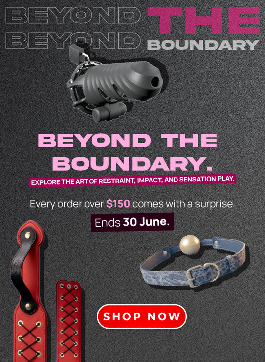 Advertisement for 'Beyond the Boundary' with restraint tools and promotional text on a dark background.- Upto 75% off