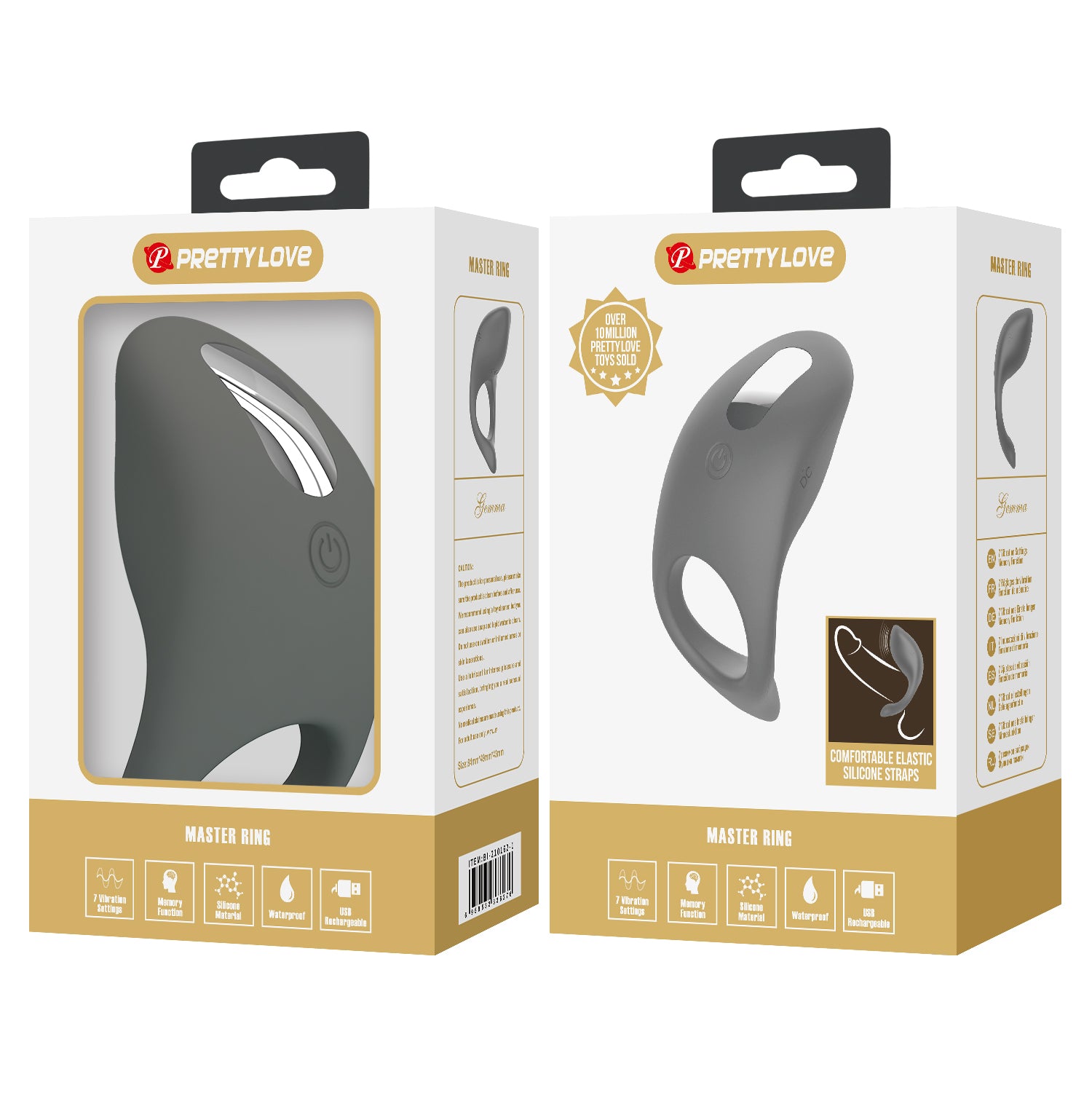 Pretty Love Gemma Rechargeable Master Penis Ring Grey Vibrating Cock Rings