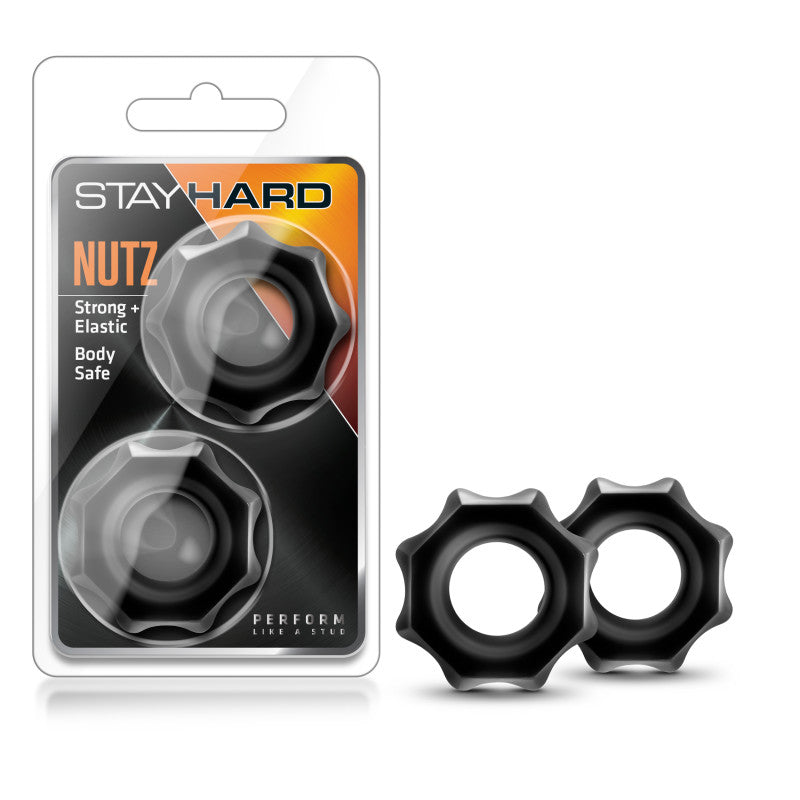 Blush Novelties Stay Hard Nutz Cock Ring Set 2 Piece Black Stretchy Cock Rings