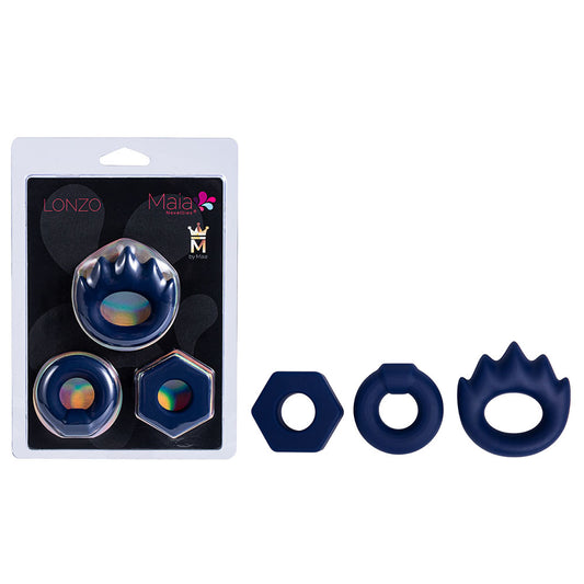 Maia LONZO Stretchy Silicone Cock Rings Set of 3 Blue Cock Ring Sets