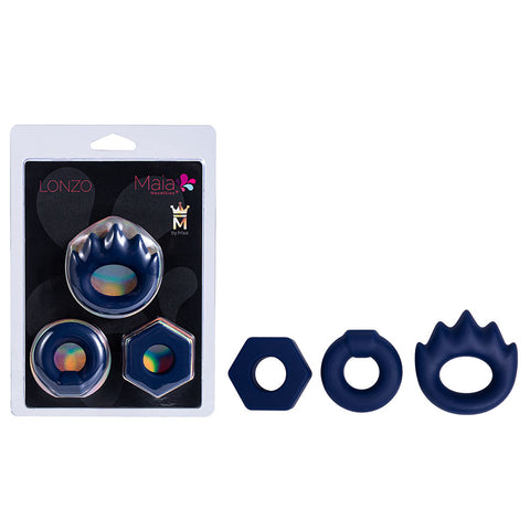 Maia LONZO Stretchy Silicone Cock Rings Set of 3 Blue - Cock Ring Sets