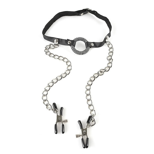 Fetish Fantasy O-Ring BDSM Gag With Nipple Clamps - Bondage Gags and Bits