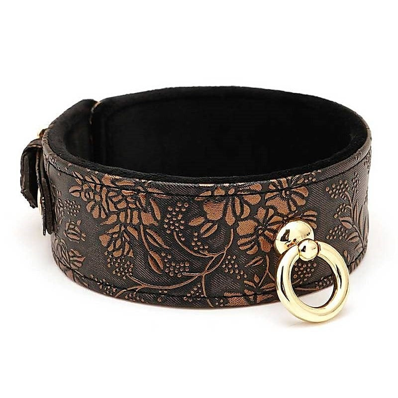 Brown Floral Print PU Collar and Leash by Spartacus - Collars and Leads
