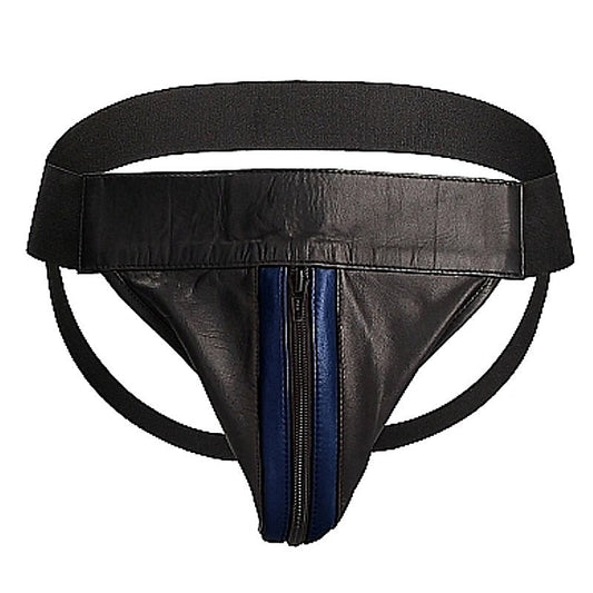 Uomo Striped Front With Zip Leather Jock Black/Blue