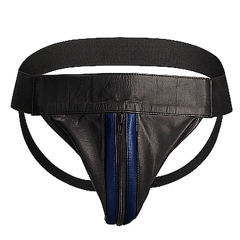 Uomo Striped Front With Zip Leather Jock Black/Blue - His Fetish