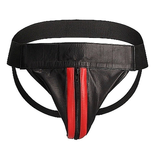 Uomo Striped Front With Zip Leather Jock Black/Red