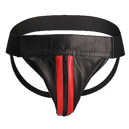 Uomo Striped Front With Zip Leather Jock Black/Red