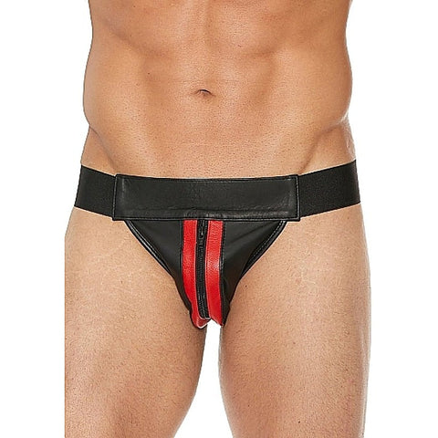 Uomo Striped Front With Zip Leather Jock Black/Red - His Fetish
