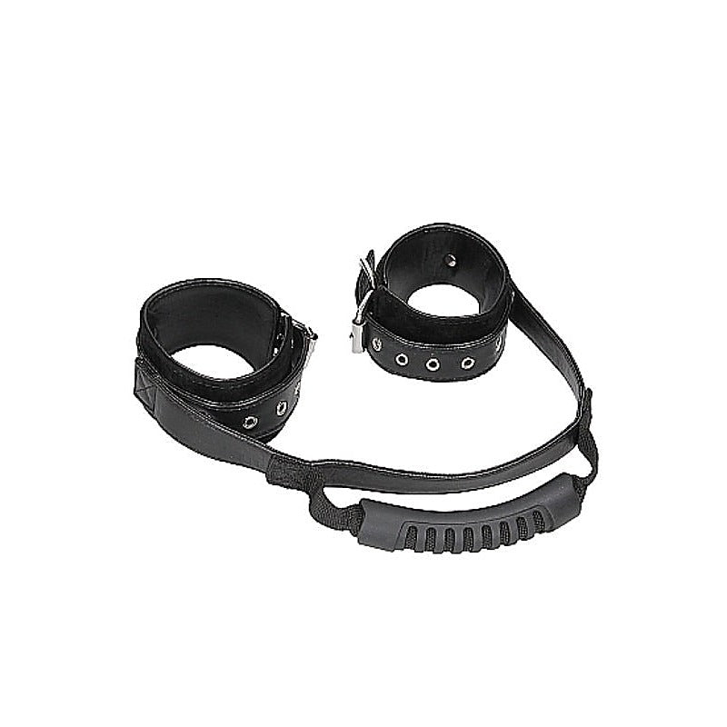 Ouch Black and White Bonded Leather Wrist Cuffs with Handle - Cuffs and Restraints