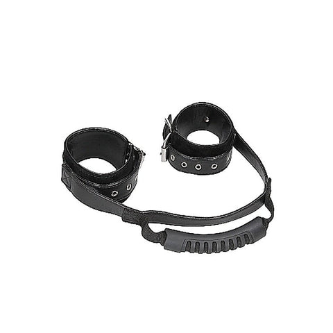Ouch Black and White Bonded Leather Wrist Cuffs with Handle - Cuffs and Restraints