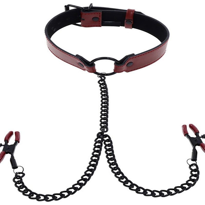 Saffron Bondage Collar with Nipple Clamps by Sportsheets - Nipple and Clit Clamps