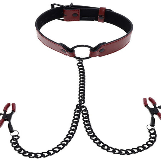 Saffron Bondage Collar with Nipple Clamps by Sportsheets - Nipple and Clit Clamps