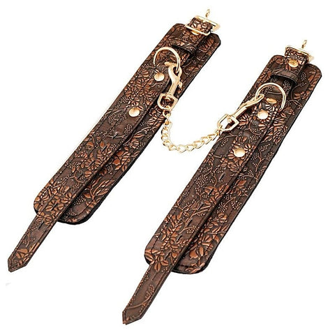 Brown Floral Print PU Ankle Cuffs by Spartacus - Cuffs and Restraints